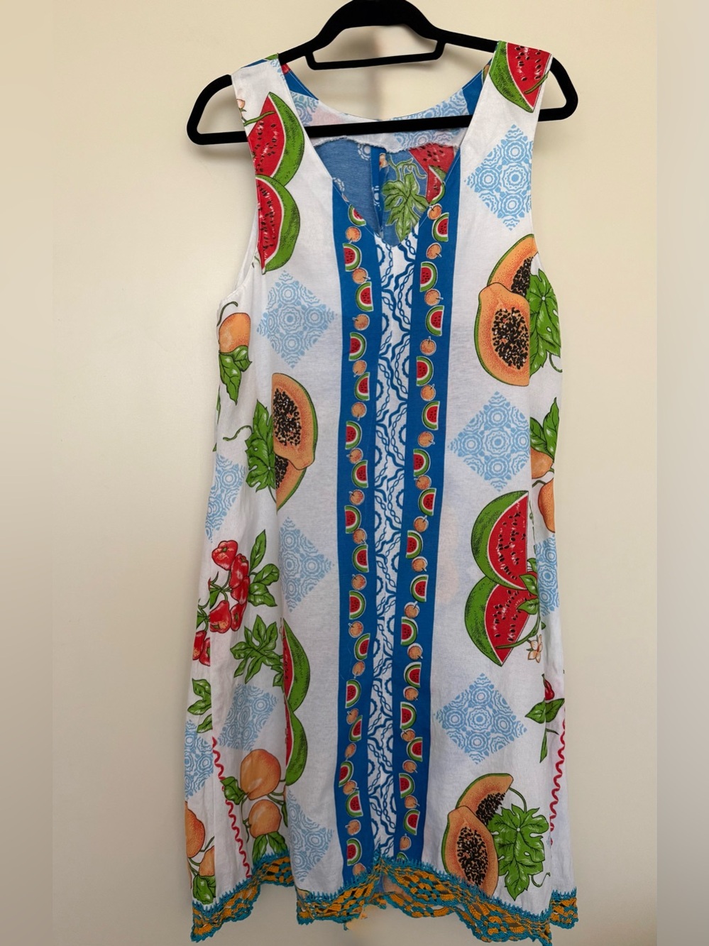 Vintage Handmade Sleeveless White Fruit-Print Summer Dress Blue Trim